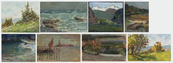 LOTTO DI OTTO PICCOLI DIPINTI : - Felice Vellan  Piccola fontana con fiori 1909  7x11 olio su tavoletta. Opera firmata in basso a sinistra e al retro  datata in basso a destra - Felice Vellan  Venezia 1907  7x11 olio su tavoletta. Opera firmata in basso a sinistra e al retro  con titolo e data - Felice Vellan  San Fruttuoso 1920  9x10 5 olio su cartoncino. Opera firmata in basso a destra e al retro con data e titolo - Felice Vellan  Sul Po aTorino 1912  10 5x8 5 olio su cartoncino. Opera firmata in basso a sinistra e al retro con data e titolo - Felice Vellan  Val di Susa  9x10 5 olio su cartone telato. Opera firmata in basso a destra e al retro con titolo - Lidio Ajmone  Mareggiata  7x11  olio su tavoletta. Opera firmata in basso a destra - Enrico Cominetti  Lemie-Valle di Lanzo  1979  10 5x12 olio su cartoncino. Opera firmata in basso a sinistra e al retro con data e titolo - Enrico Cominetti  Paesaggio al Malanghero  1981  9 5x15 olio su cartoncino. Opera firmata in basso a sinistra e al retro con data e titolo  - Asta Antiquariato, Argenti, Dipinti e Sculture - Associazione Nazionale - Case d'Asta italiane