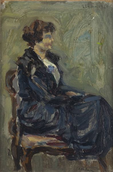 FELICE VELLAN Torino 1889 - 1976 : Ritratto di signora seduta 22/11/1920  - Asta Antiquariato, Argenti, Dipinti e Sculture - Associazione Nazionale - Case d'Asta italiane