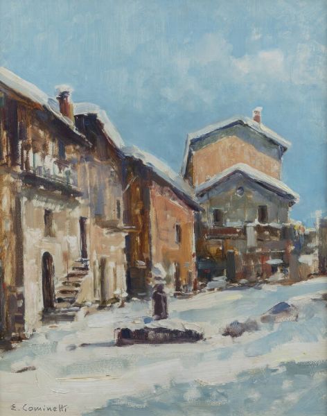 ERNESTO COMINETTI Torino 1900 - 1990 : Nevicata a Limone Piemonte o Borgo vecchio - Limone Piemonte 1958  - Asta Antiquariato, Argenti, Dipinti e Sculture - Associazione Nazionale - Case d'Asta italiane