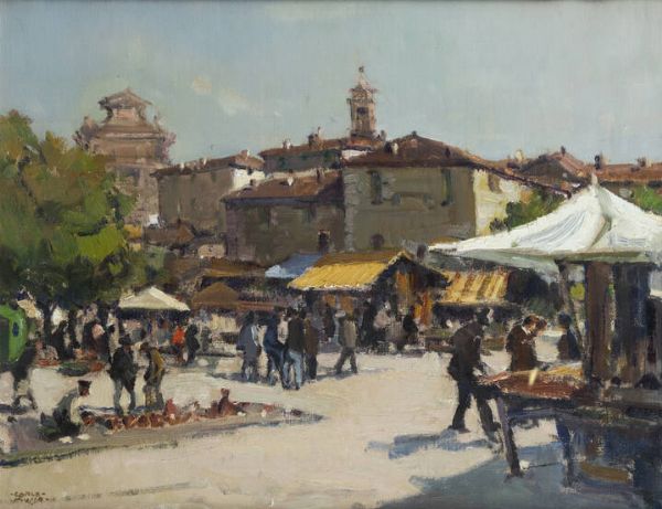 CARLO MUSSO Balangero (TO) 1907 - 1968 : Mercato di Chieri  - Asta Antiquariato, Argenti, Dipinti e Sculture - Associazione Nazionale - Case d'Asta italiane
