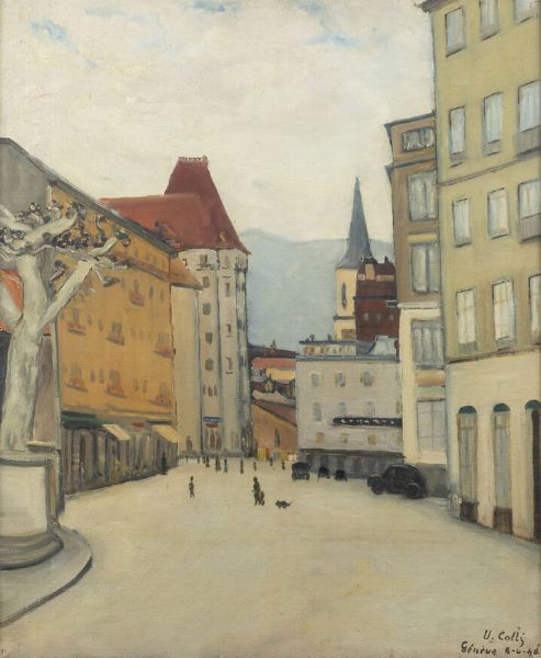 UMBERTO COLLI Livorno 1884 - 1976 Diano Marina (IM) : Una strada di Ginevra Ginevra 8/4/'948  - Asta Antiquariato, Argenti, Dipinti e Sculture - Associazione Nazionale - Case d'Asta italiane
