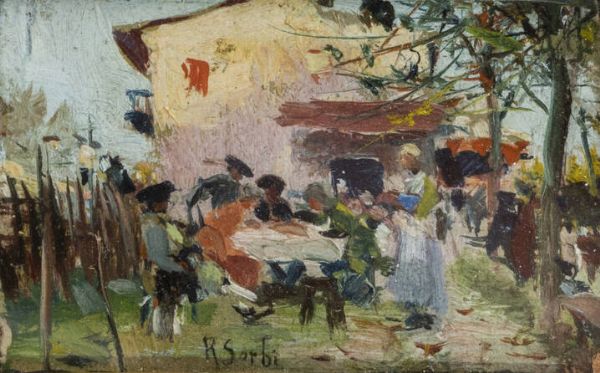 RAFFAELLO SORBI Firenze 1844 - 1931 : Paesaggio con figure  - Asta Antiquariato, Argenti, Dipinti e Sculture - Associazione Nazionale - Case d'Asta italiane