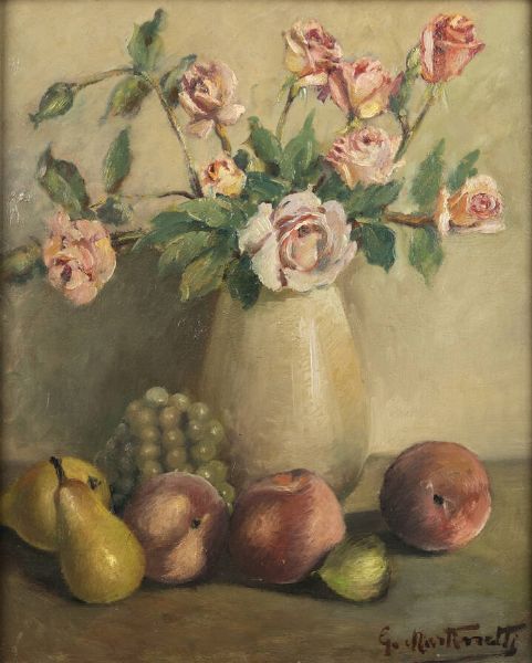 G. MATINETTI : Natura morta con rose e frutta  - Asta Antiquariato, Argenti, Dipinti e Sculture - Associazione Nazionale - Case d'Asta italiane