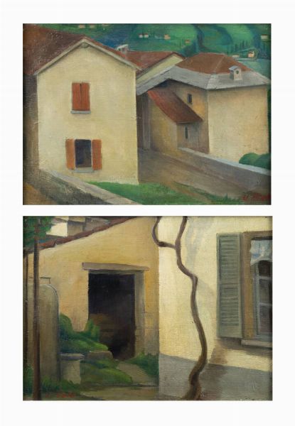 UGO PIATTI Milano 1880 - 1953 : a. Cortiletto b. Case di campagna  - Asta Antiquariato, Argenti, Dipinti e Sculture - Associazione Nazionale - Case d'Asta italiane