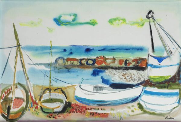 ENRICO PAULUCCI Genova 1901 - 1999 Torino : Molo e barche met anni '70  - Asta Antiquariato, Argenti, Dipinti e Sculture - Associazione Nazionale - Case d'Asta italiane