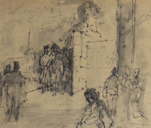 MASSIMO QUAGLINO Refrancore (AT) 1899 - 1982 Torino : Comparse dell'Andrea Chenier 1950  - Asta Antiquariato, Argenti, Dipinti e Sculture - Associazione Nazionale - Case d'Asta italiane