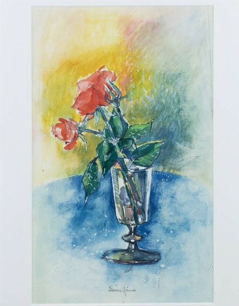 ETTORE FICO Piatto Biellese (VC) 1917 - 2004 Torino : Due rose ante 1988  - Asta Antiquariato, Argenti, Dipinti e Sculture - Associazione Nazionale - Case d'Asta italiane