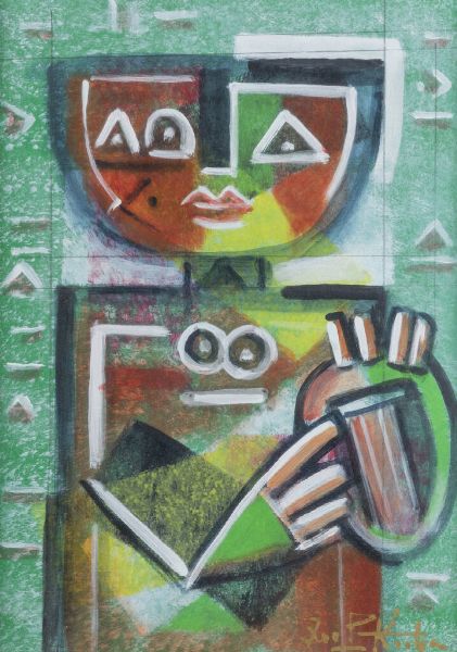 IBRAHIM KODRA Albania 1918 � 2006 Milano : Suonatore di Jkembe  - Asta Antiquariato, Argenti, Dipinti e Sculture - Associazione Nazionale - Case d'Asta italiane