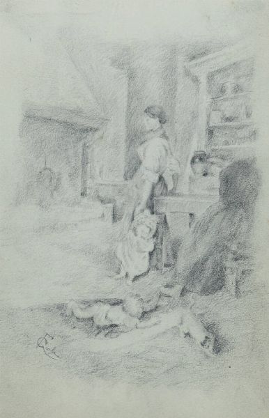FRANCESCO GIOLI Settimo di Cascina (PI) 1846 - 1922 Firenze : Interno rustico  - Asta Antiquariato, Argenti, Dipinti e Sculture - Associazione Nazionale - Case d'Asta italiane