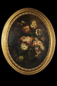 PITTORE ANONIMO DEL XIX SECOLO - Paesaggio ovale con fiori