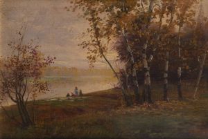 GIOVANNI PISANO Sevi (NU) 1875 - 1964 Torino - Figure in riva al lago