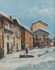 ERNESTO COMINETTI Torino 1900 - 1990 - Nevicata a Limone Piemonte o Borgo vecchio - Limone Piemonte 1958