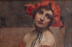 PITTORE ANONIMO - Ritratto di fanciulla con cappello rosso