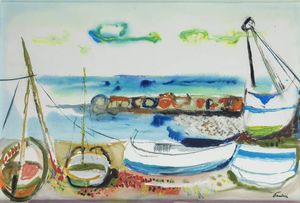 ENRICO PAULUCCI Genova 1901 - 1999 Torino - Molo e barche met anni '70