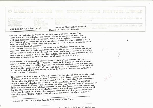 Sebastiao Salgado : Chinese Bicycle Factories  - Asta Arte Moderna e Contemporanea e Fotografia - Associazione Nazionale - Case d'Asta italiane