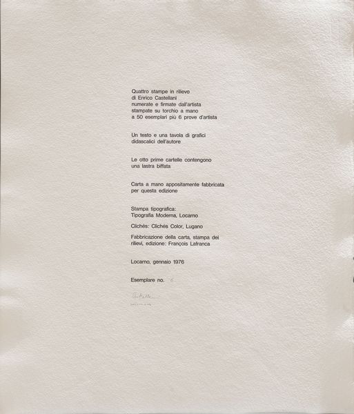 ENRICO CASTELLANI : Quattro stampe in rilievo  - Asta Arte Moderna e Contemporanea e Fotografia - Associazione Nazionale - Case d'Asta italiane