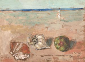 Filippo de Pisis - Natura morta marina con conchiglia e il fico