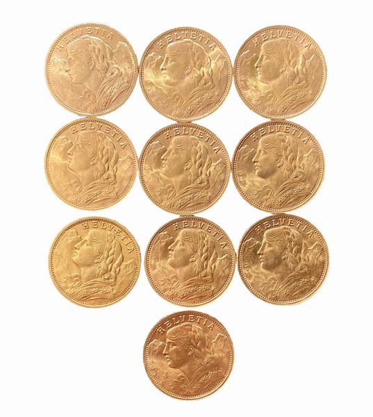 Svizzera : Lotto di 10 monete da 20 Franchi svizzeri  - Asta Numismatica - Associazione Nazionale - Case d'Asta italiane