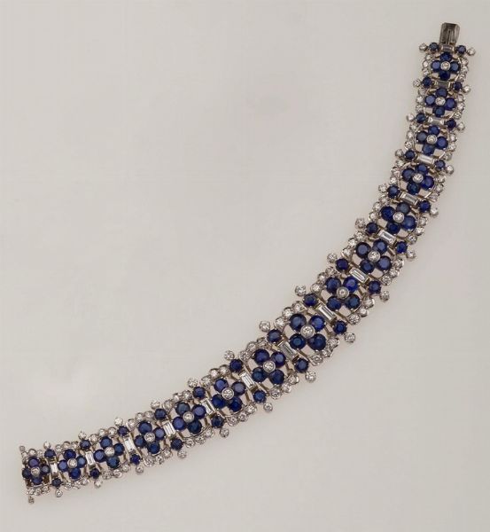 Bracciale con zaffiri Sri Lanka e diamanti taglio brillante e baguette  - Asta Fine Jewels - Associazione Nazionale - Case d'Asta italiane