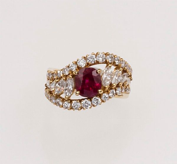 Anello con rubino e diamanti taglio brillante e navette  - Asta Fine Jewels - Associazione Nazionale - Case d'Asta italiane