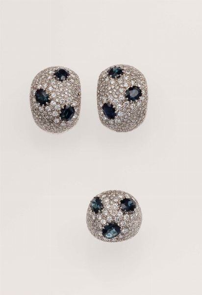 Parure composta da anello ed orecchini con pav di diamanti e zaffiri  - Asta Fine Jewels - Associazione Nazionale - Case d'Asta italiane