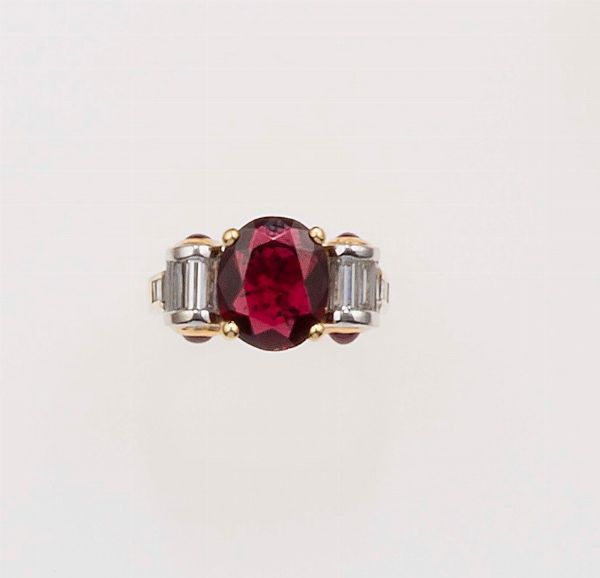 Anello con rubino Africa di ct 2,90 circa e diamanti taglio baguette e carr  - Asta Fine Jewels - Associazione Nazionale - Case d'Asta italiane