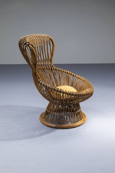 FRANCO ALBINI : Poltrona in vimini e canna d'India intrecciata. Anni '50 cm 94x70x69  - Asta Design - Associazione Nazionale - Case d'Asta italiane