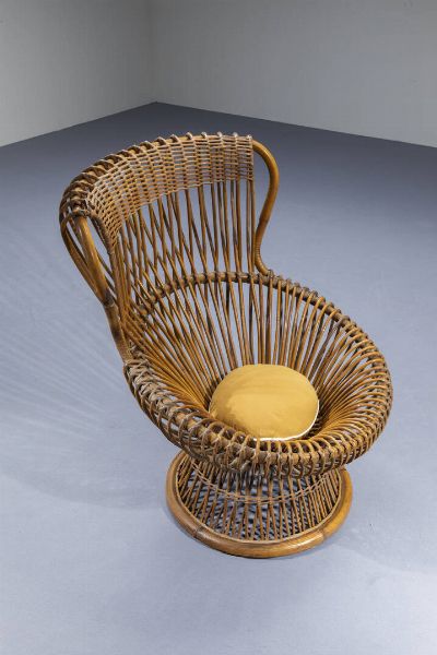 FRANCO ALBINI : Poltrona in vimini e canna d'India intrecciata. Anni '50 cm 94x70x69  - Asta Design - Associazione Nazionale - Case d'Asta italiane