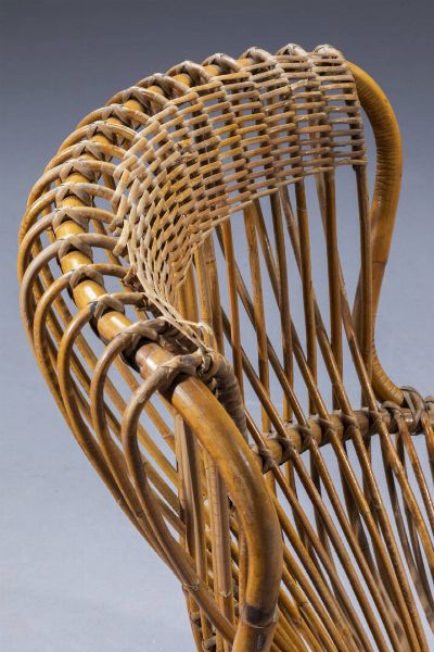 FRANCO ALBINI : Poltrona in vimini e canna d'India intrecciata. Anni '50 cm 94x70x69  - Asta Design - Associazione Nazionale - Case d'Asta italiane