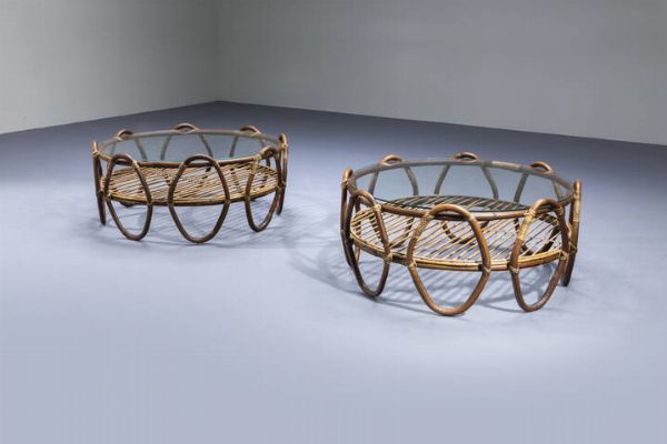 PRODUZIONE ITALIANA : Coppia di tavolini in bamboo. Anni '50 cm 38x84  - Asta Design - Associazione Nazionale - Case d'Asta italiane