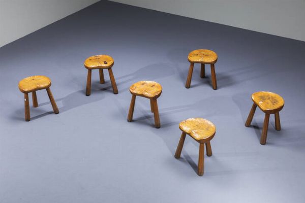 PRODUZIONE ITALIANA : Sei sgabelli in legno. Anni '50 cm 41x35x27  - Asta Design - Associazione Nazionale - Case d'Asta italiane