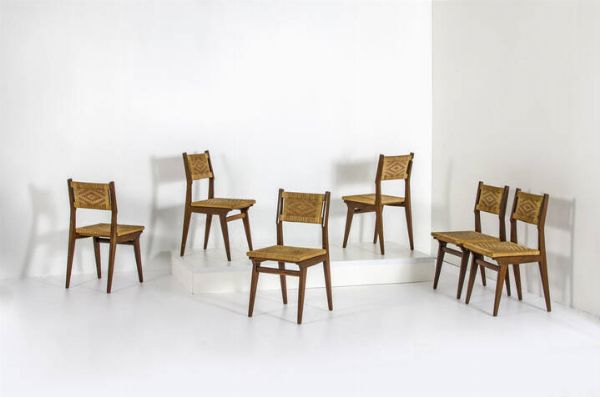 PRODUZIONE ITALIANA : Sei sedie in legno con sedili e schienali in paglia. Anni '50 cm 84x41x43  - Asta Design - Associazione Nazionale - Case d'Asta italiane