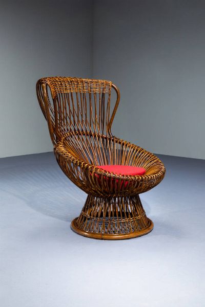 FRANCO ALBINI : Coppia di poltrone in vimini e canna d'India. Anni '50 cm 95x65x74  - Asta Design - Associazione Nazionale - Case d'Asta italiane