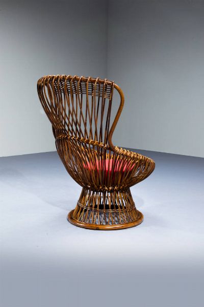 FRANCO ALBINI : Coppia di poltrone in vimini e canna d'India. Anni '50 cm 95x65x74  - Asta Design - Associazione Nazionale - Case d'Asta italiane