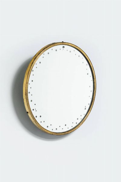 PRODUZIONE ITALIANA : Specchio retroilluminato in vetro iridescente di forte spessore. Anni '50 diam cm 70  - Asta Design - Associazione Nazionale - Case d'Asta italiane