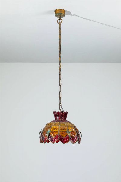 PRODUZIONE ITALIANA : Lampadario con struttura in metallo e vetro colorato. Anni '60 cm 36x36  - Asta Design - Associazione Nazionale - Case d'Asta italiane