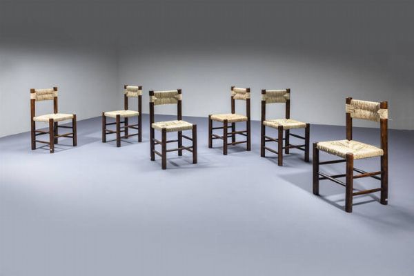 CHARLOTTE PERRIAND  nello stile di : Sei sedie con struttura in legno  sedili e schienali in paglia. Anni '60 cm 86 5x43x42  - Asta Design - Associazione Nazionale - Case d'Asta italiane