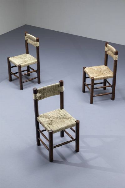 CHARLOTTE PERRIAND  nello stile di : Sei sedie con struttura in legno  sedili e schienali in paglia. Anni '60 cm 86 5x43x42  - Asta Design - Associazione Nazionale - Case d'Asta italiane