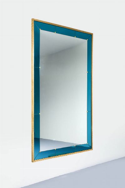 CRISTAL ART  nello stile : Grande specchiera con vetri colorati  bordo in metallo dorato. Anni '60 cm 180x110  - Asta Design - Associazione Nazionale - Case d'Asta italiane