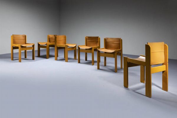 IBISCO : Sei sedie con struttura in legno sedute e schienali in cuoio. Anni '70 cm 79x48x50  - Asta Design - Associazione Nazionale - Case d'Asta italiane