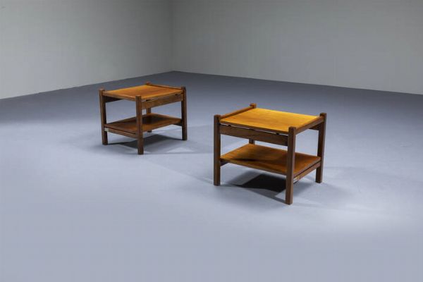 ETTORE SOTTSASS : Coppia di comodini in legno. Prod. Poltronova 1963 Etichetta del Produttore cm 38x38x45  - Asta Design - Associazione Nazionale - Case d'Asta italiane