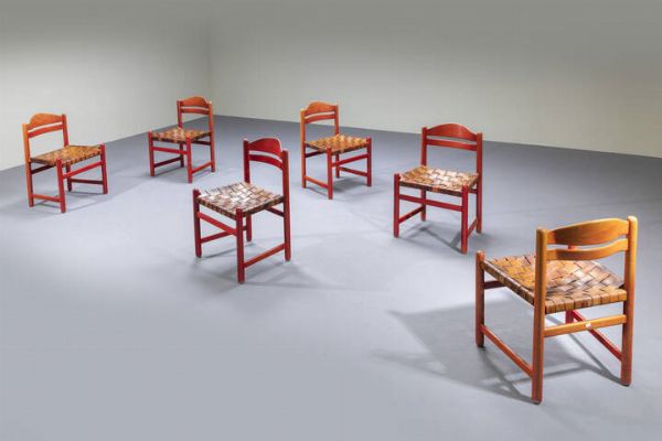 POLTRONOVA : Sei sedie con struttura in legno verniciato  seduta in cuoio intrecciato. Anni '60 cm 74x52x42  - Asta Design - Associazione Nazionale - Case d'Asta italiane