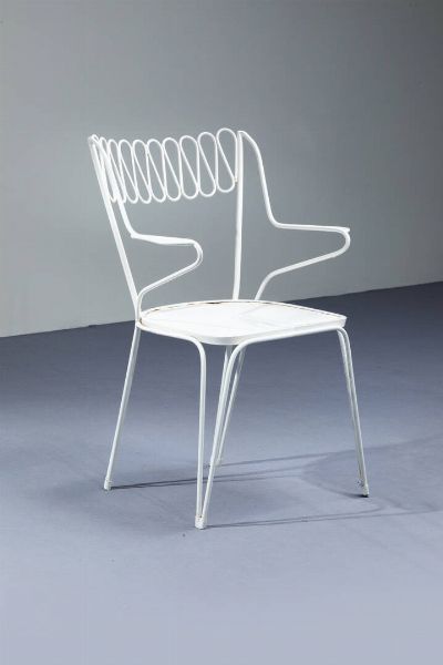 GIO PONTI Milano 1891 - 1979 : Tre sedie e un tavolo da giardino in metallo verniciato. Prod. Casa & Giardino anni '50 sedie cm 81x54x47 tavolo cm 75x71 Bibl.: Domus n. 228  settembre 1948  pag. 49  - Asta Design - Associazione Nazionale - Case d'Asta italiane