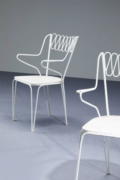 GIO PONTI Milano 1891 - 1979 : Tre sedie e un tavolo da giardino in metallo verniciato. Prod. Casa & Giardino anni '50 sedie cm 81x54x47 tavolo cm 75x71 Bibl.: Domus n. 228  settembre 1948  pag. 49  - Asta Design - Associazione Nazionale - Case d'Asta italiane