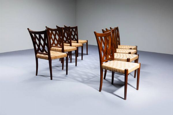 MARIO PASSANTI : Otto sedie con struttura in legno  sedute in paglia intrecciata. Anni '50 cm 90x46x46 Bibl.: D. Alaimo  Mobili di architetti e progettisti torinesi 1945-1955  Deposito Culturale 2018  pag. 180  - Asta Design - Associazione Nazionale - Case d'Asta italiane