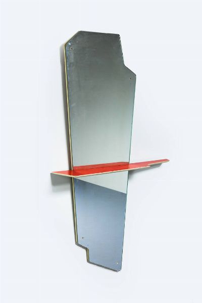 PRODUZIONE ITALIANA : Specchiera con mensola in legno rivestita in formica. Anni '50 cm 190x47x25  - Asta Design - Associazione Nazionale - Case d'Asta italiane