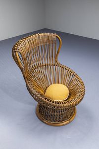 FRANCO ALBINI : Poltrona in vimini e canna d'India intrecciata. Anni '50 cm 94x70x69  - Asta Design - Associazione Nazionale - Case d'Asta italiane