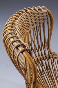 FRANCO ALBINI : Poltrona in vimini e canna d'India intrecciata. Anni '50 cm 94x70x69  - Asta Design - Associazione Nazionale - Case d'Asta italiane