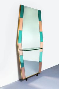 CRISTAL ART - Specchiera con cornice in vetri colorati  bordo in ottone  piedi in metallo  mensola in vetro di forte spessore.  [..]