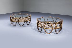PRODUZIONE ITALIANA - Coppia di tavolini in bamboo. Anni '50 cm 38x84